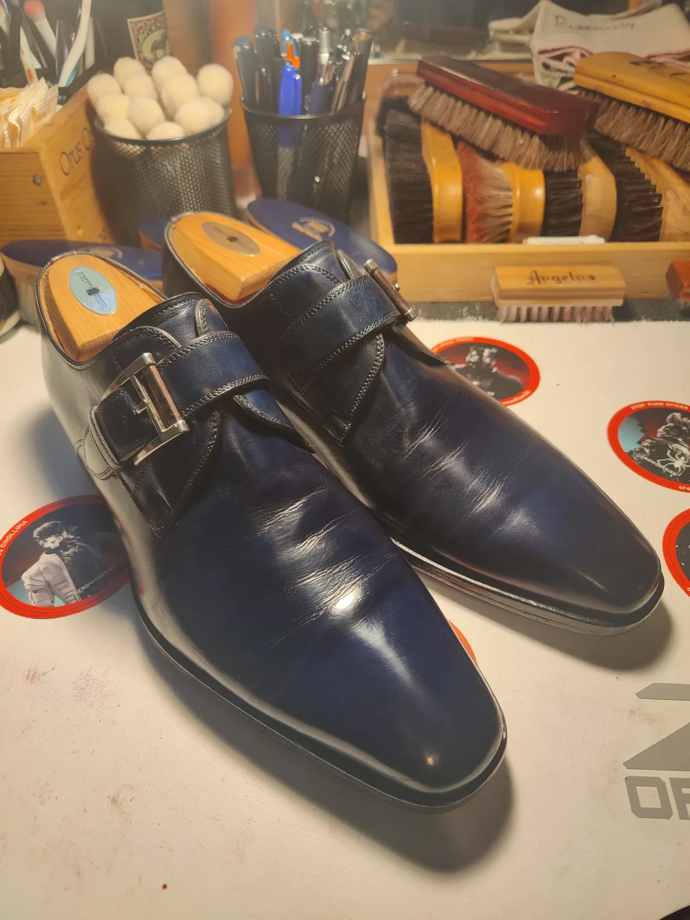 Magnanni Navy Blue Leather Single Monk Strap Dress Shoes